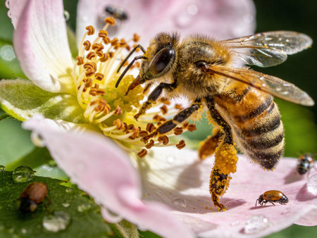 Honey bee collecting nectar on a pink flower. Macro.