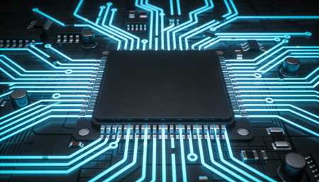 Circuit board with microchips on dark background 3D rendering