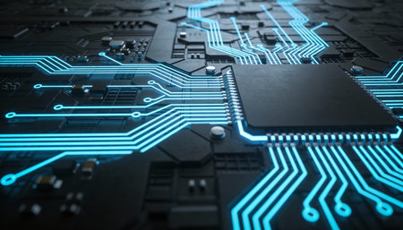 Close up view of circuit board with glowing blue lights 3D rendering