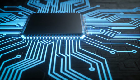 Circuit board with microchips and connections. 3D rendering