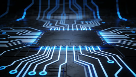 3d rendering circuit board on dark background. Computer and technology conceptの写真素材