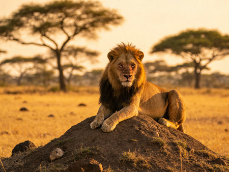 Lion lying on rock in Serengeti National Park, Tanzaniaの写真素材