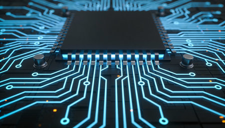 Circuit board with microchips and electronic components. 3D rendering