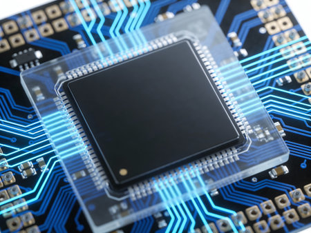 Close-up of electronic circuit board with processor and microchips