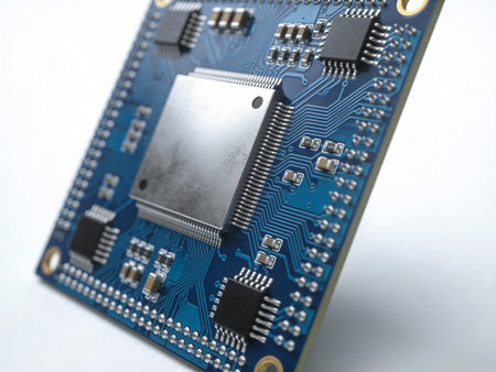 close-up of electronic circuit board on white background with copy space