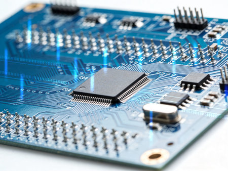 Close-up of electronic circuit board with microcircuits. Technology background
