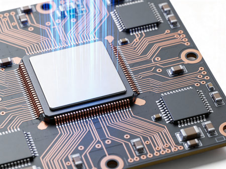Close-up of electronic circuit board with processor on white background.