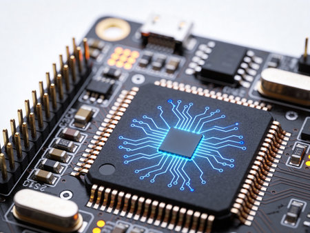 Close-up of electronic circuit board with microchips. Technology concept
