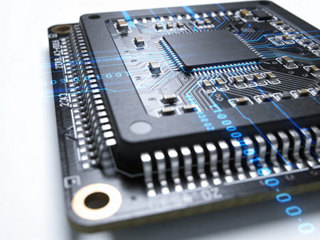 Circuit board close-up. Technology background. Motherboard digital chip.