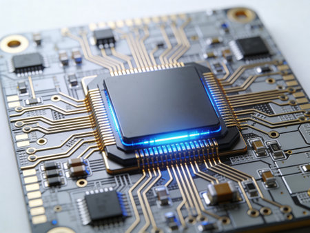 Closeup of electronic circuit board with microcircuits. Technology background