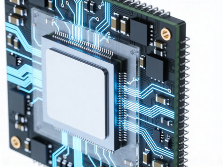 Computer chip close up on white background. 3d rendering and illustration.