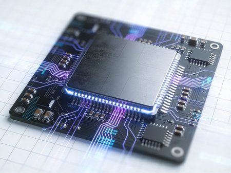 Circuit board with processor on a white background. 3d rendering