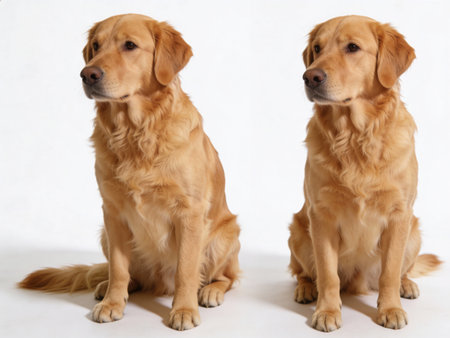 two golden retriever dogs sitting on a white background looking at the camera
