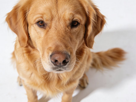Portrait of a golden retriever dog on a white background.の写真素材