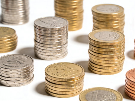 Euro coins on a white background. Shallow depth of field.