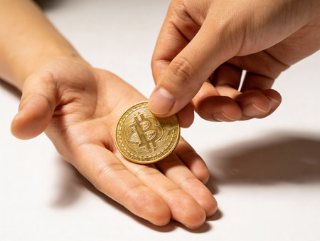 Close up of human hand holding golden bitcoin coin on white background.の写真素材