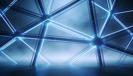 Abstract blue background with glowing polygonal grid. 3D Rendering