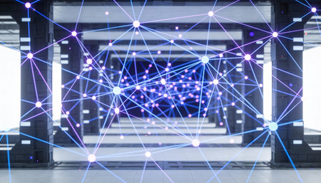 Digital network structure over empty office interior background. 3D Rendering