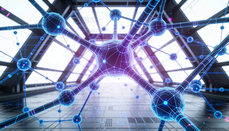 Neon glowing network on dark background. Network concept. 3D Rendering