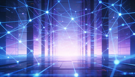 Futuristic interior with glowing polygonal network connections. Technology concept. 3D Rendering