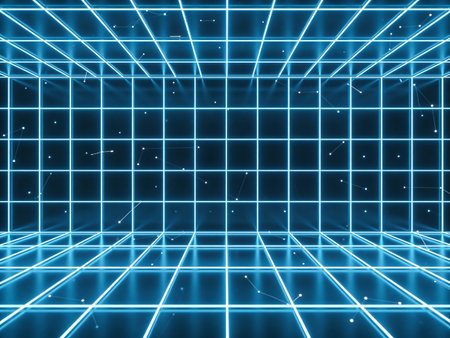 3D rendering of an abstract blue background with a grid and lines
