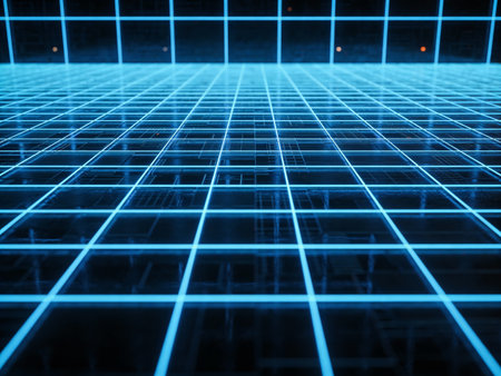 abstract technology background with blue glowing lines and grid. 3d rendering