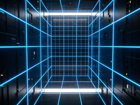 Futuristic corridor with glowing neon lights. 3D Rendering