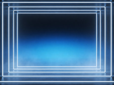Abstract blue background with neon lights and reflections. 3d rendering.