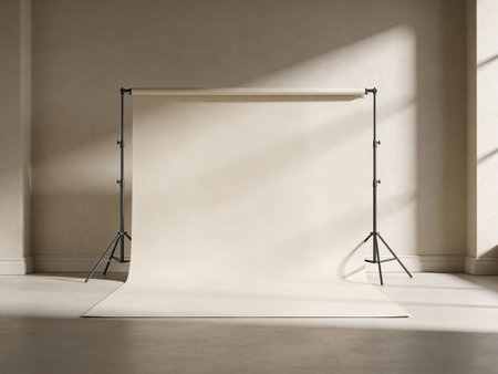 Photo studio equipment on beige wall. Mock up, 3D Render