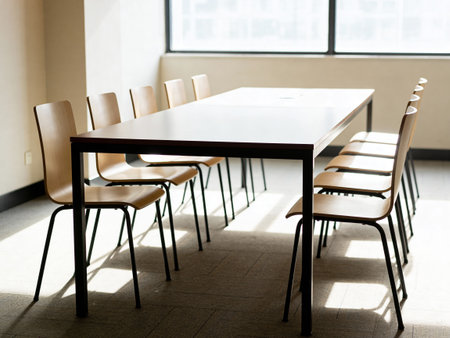 Wooden table and chairs in a conference room or meeting room.
