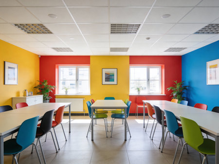 Interior of a modern school classroom with colorful walls and colorful chairsの写真素材