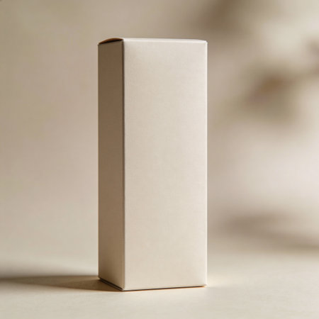 Blank white box mockup on a beige background with copy space