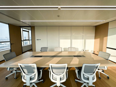 Interior of a modern conference room, 3D render. Nobody inside