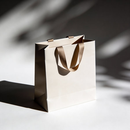 Paper shopping bag with shadow on white background. Shallow depth of field.