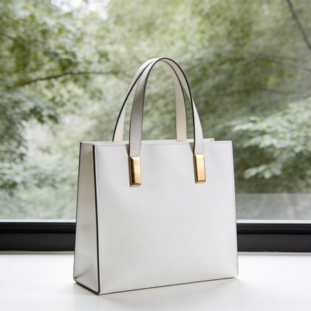 White leather handbag on the windowsill with a natural view.の写真素材