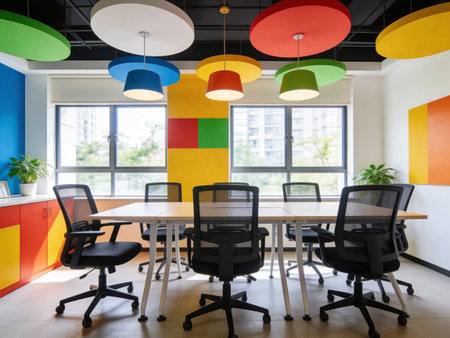 Interior of modern office with colorful walls, wooden floor and rows of black chairsの写真素材