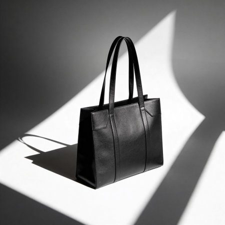Black leather bag on a white background with shadow from the sun.の写真素材