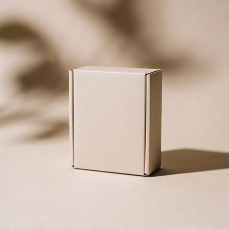 Blank box mockup on beige background, 3d renderの写真素材