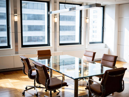 interior of modern meeting room with wooden table and brown leather chairsの写真素材