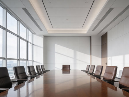 Interior of a modern conference room with panoramic windows. Nobody inside
