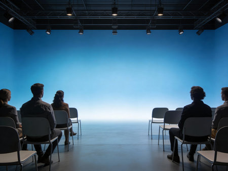 Rear view of business people sitting in conference hall with blue backgroundの写真素材
