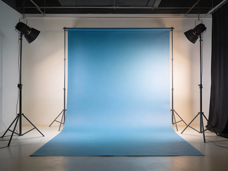 Interior of modern photo studio with blue wall and lighting equipment.の写真素材