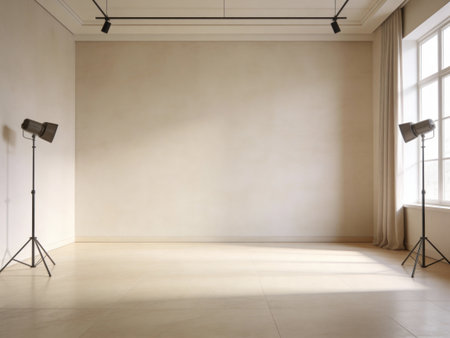 Interior of modern photo studio with beige walls, floor and lighting equipmentの写真素材
