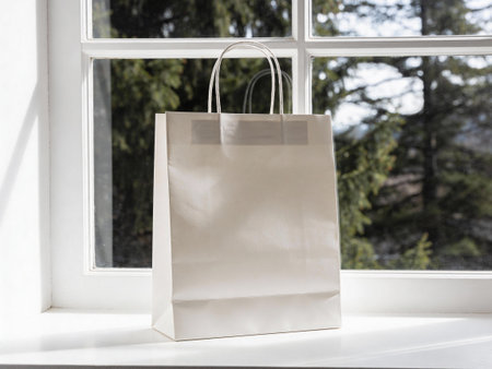 White paper bag on the windowsill against the background of the forest