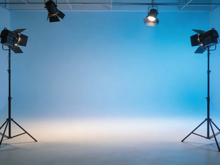 Empty photo studio with lighting equipment and copy space. 3d rendering