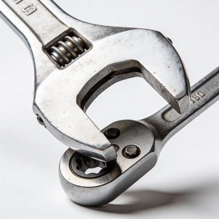 Adjustable wrench on white background. Close-up of spanner