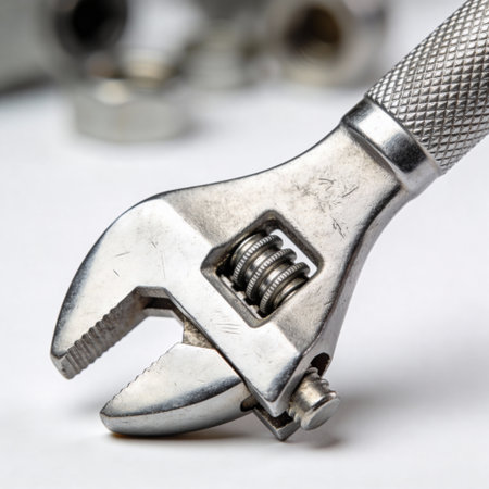 Adjustable wrench on a white background. Close-up. Selective focus.