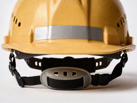 Yellow safety helmet on a white background. Close-up. Selective focus.