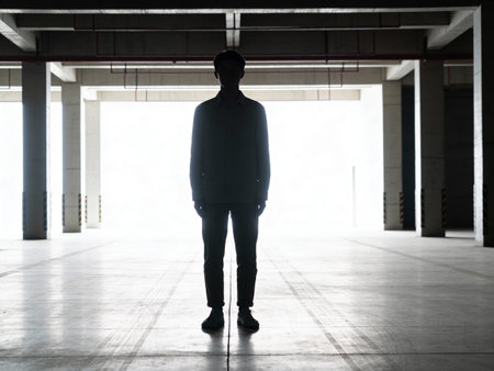 Silhouette of a man in an underground parking lot, back viewの写真素材