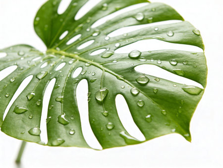 Monstera Deliciosa leaf with water drops on white backgroundの写真素材